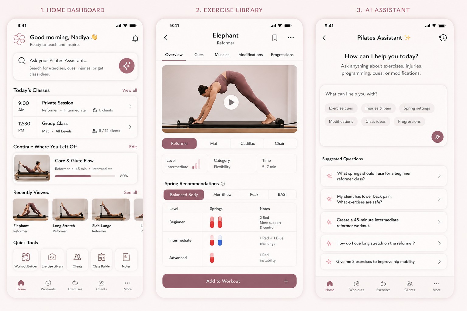Blumme app screens: Home Dashboard, Exercise Library, and AI Assistant